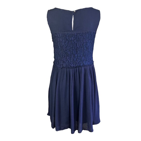 Hayden | Midnight Blue Chiffon Lace Mini Dress | M - Picture 6 of 8